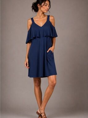 LA Made Navy Cold Shoulder Ruffle Swing Dress NWT